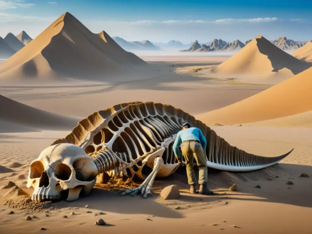 Excavación de Haplocheirus en el Desierto de Gobi Paleontólogos excavando con cuidado esqueleto de Haplocheirus en desierto del Gobi, resaltando hallazgos fósiles en Asia