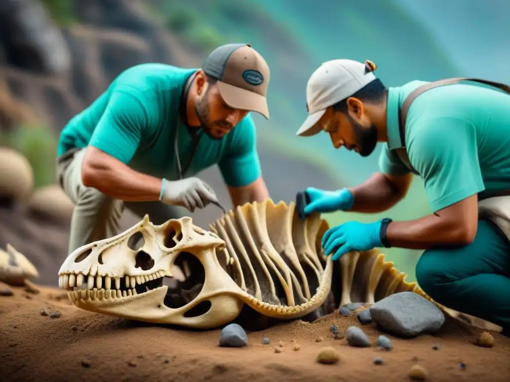 Excavación detallada de Herrerasaurus: paleontólogos cuidadosos Paleontólogos excavando con cuidado un esqueleto de Herrerasaurus, mostrando el meticuloso proceso de conservación y estudio