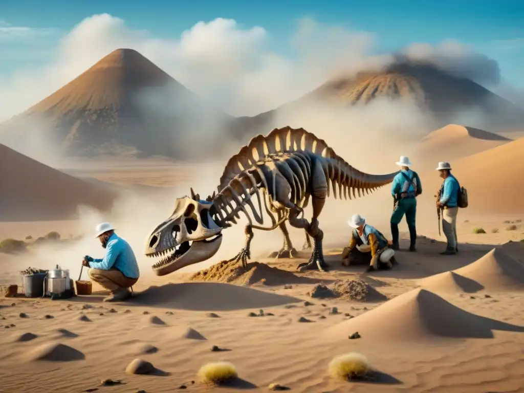 Paleontólogos excavando un esqueleto de dinosaurio en el desierto
