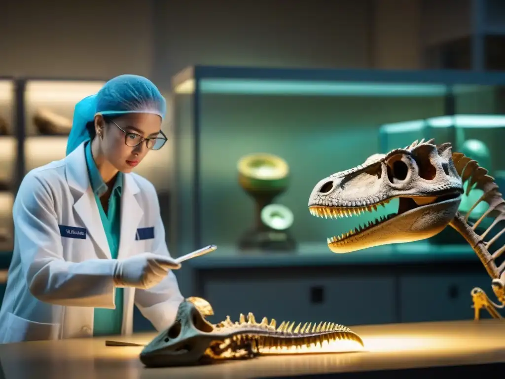 Examinando el esqueleto de Troodon: misterios paleontológicos Paleontólogos estudian esqueleto de Troodon en laboratorio, desvelando misterios de la inteligencia Troodon en cultura popular