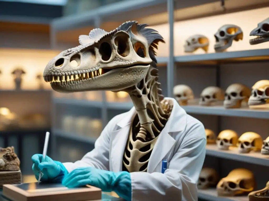 Examen minucioso de esqueleto de Troodon por paleontólogos en laboratorio Paleontólogos examinan esqueleto de Troodon en laboratorio