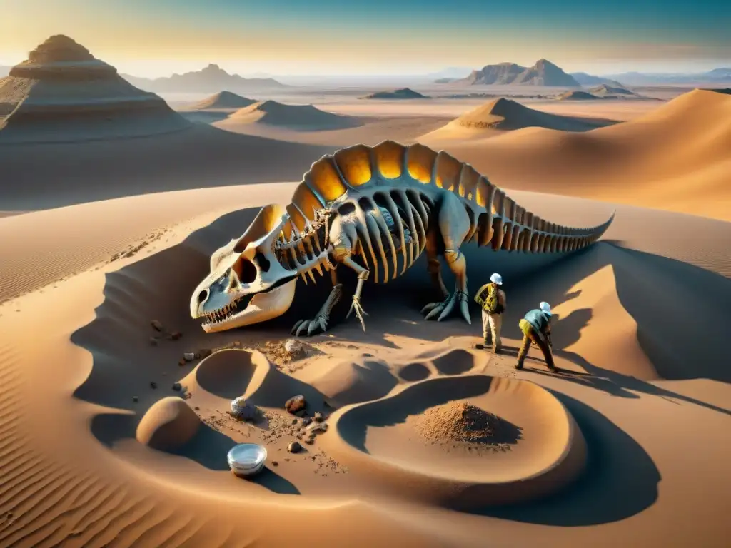 Paleontólogos expertos descubriendo esqueleto de dinosaurio en desierto