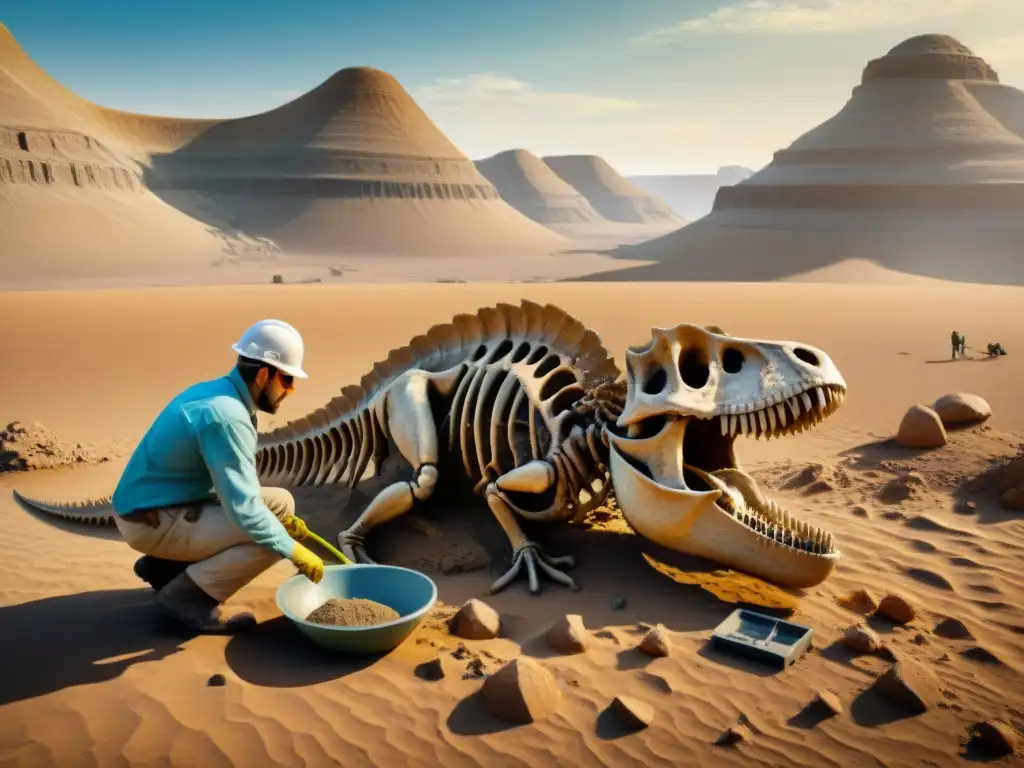 Paleontólogos descubriendo fósil de dinosaurio en desierto remoto