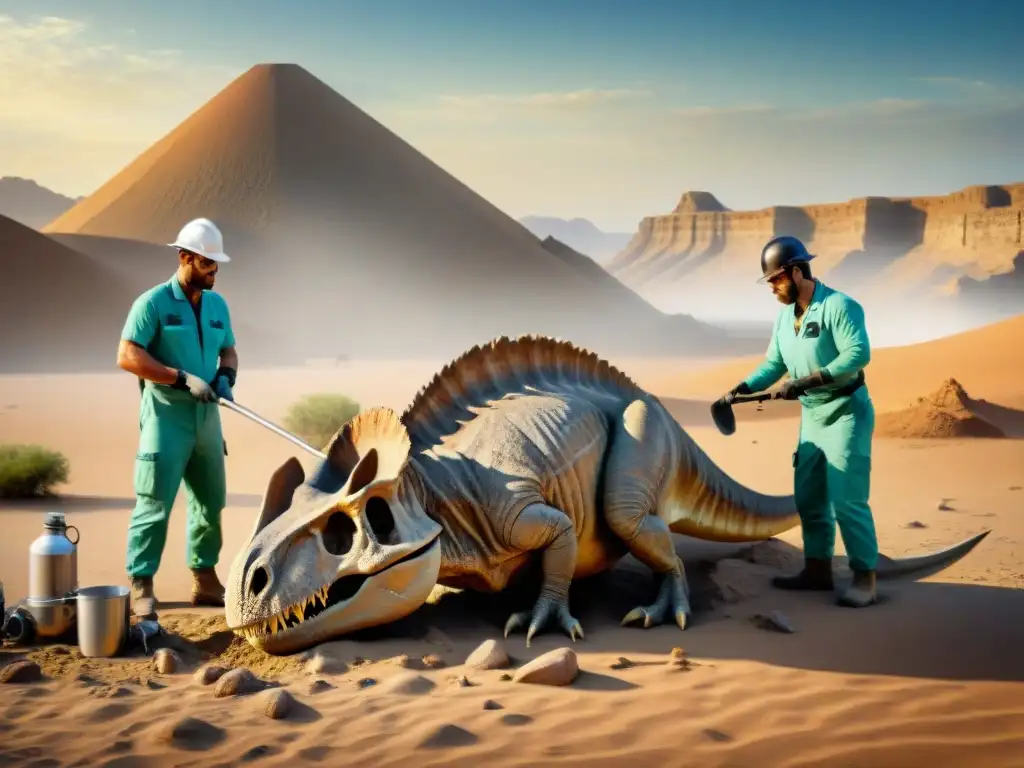 Paleontólogos excavando fósil de dinosaurio en desierto remoto