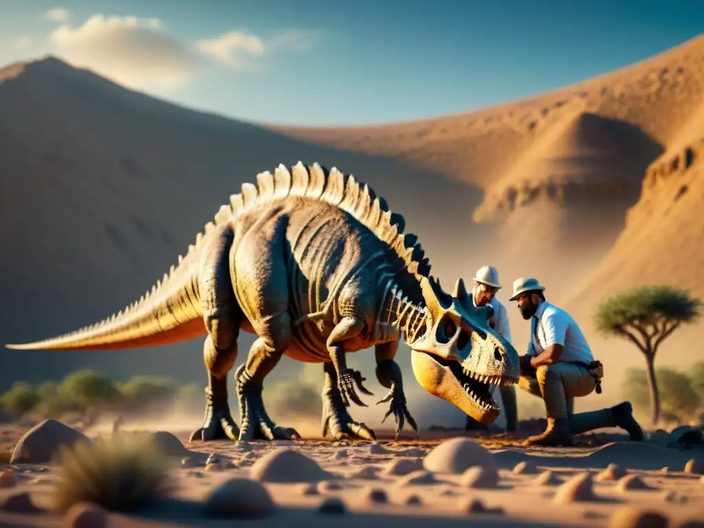 Paleontólogos excavando un fósil de dinosaurio en el desierto