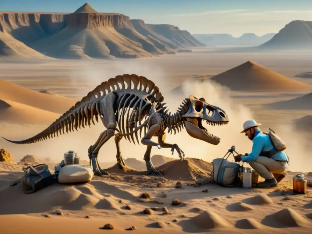 Excavación meticulosa de fósil de dinosaurio en desierto Paleontólogos descubriendo fósil de dinosaurio en el desierto
