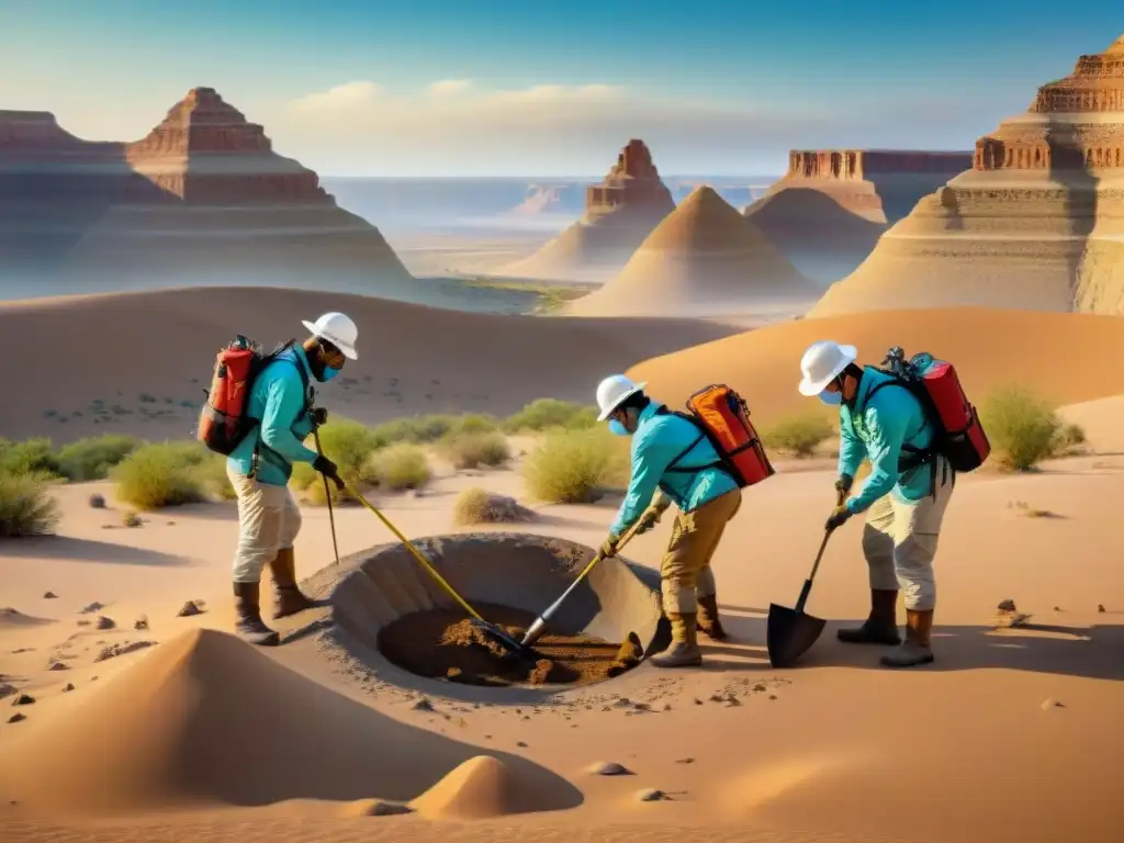 Excavación paleontológica en desierto remoto: ciencia bajo el sol Paleontólogos excavando fósiles en un desierto remoto bajo el sol ardiente