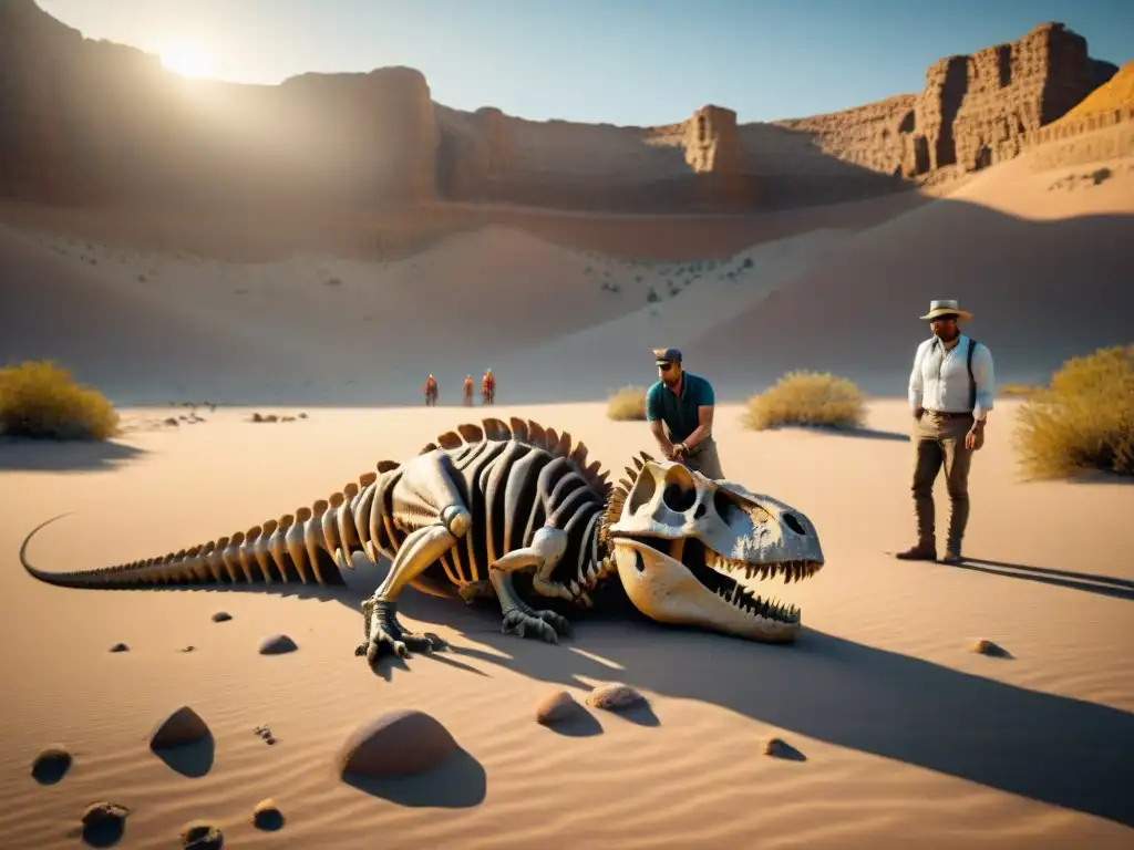 Excavación paleontológica: descubriendo dinosaurios en el desierto Paleontólogos excavando fósiles de dinosaurios en un desierto remoto