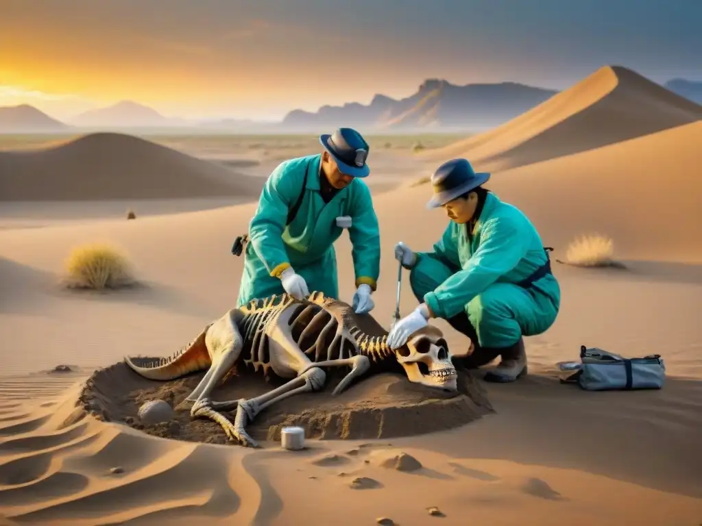 Excavación de fósiles en el desierto del Gobi al atardecer Paleontólogos descubriendo fósiles de Haplocheirus en Asia al atardecer en el desierto de Gobi
