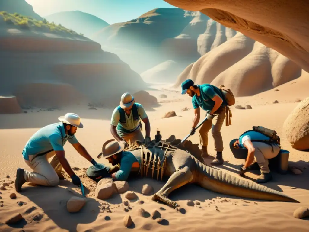 Excavación de fósiles: lucha contra el saqueo Paleontólogos excavando fósiles con meticulosidad en el desierto para prevenir saqueo fósiles tratados internacionales