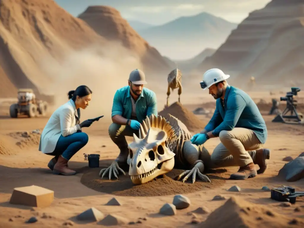 Excavación de dinosaurios: realidad aumentada en acción Paleontólogos usando Realidad Aumentada en paleontología dinosaurios para reconstruir esqueleto de dinosaurio en yacimiento