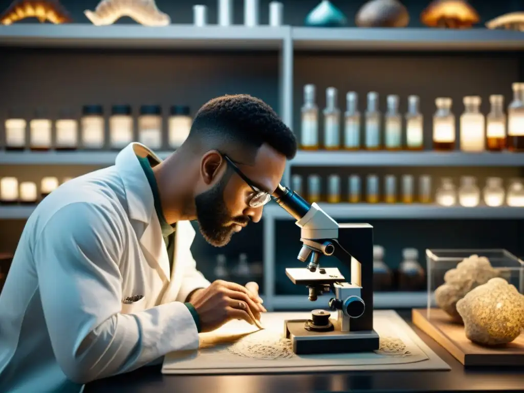 Análisis paleoquímico: descifrando secretos evolutivos Un paleoquímico analiza meticulosamente un fósil bajo un microscopio en un laboratorio tenue, revelando detalles de Evolución a través de fósiles