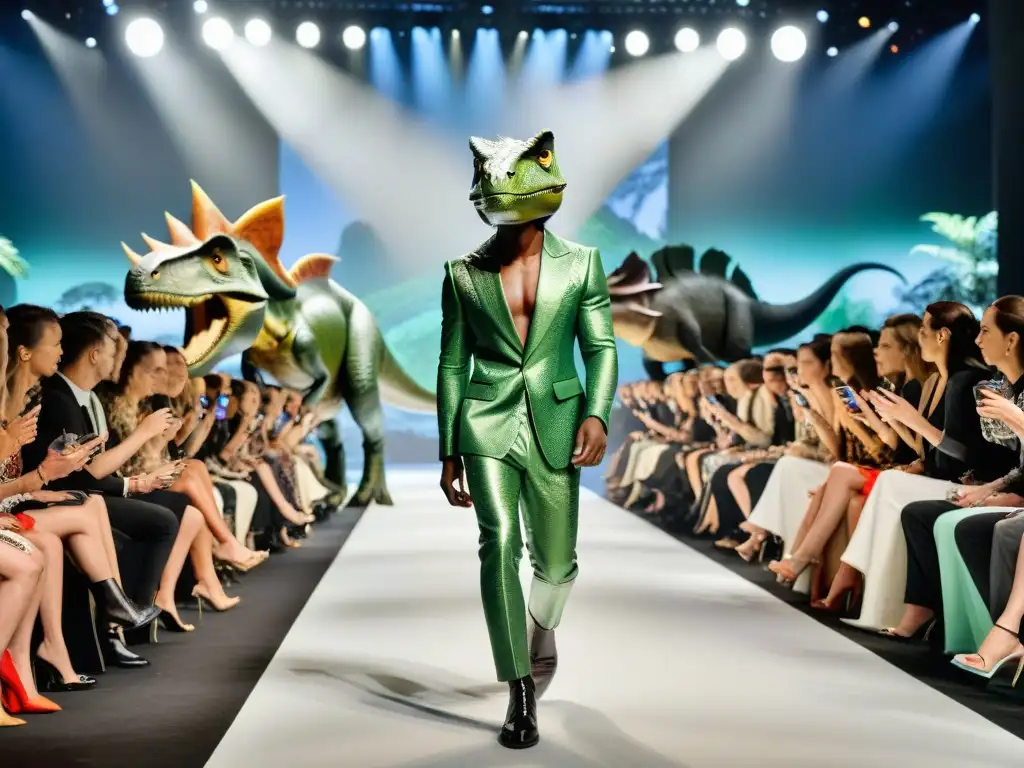 Desfile de moda futurista con inspiración dinosaurio Una pasarela de alta moda con atuendos inspirados en dinosaurios en la moda actual, en un ambiente futurista y vanguardista
