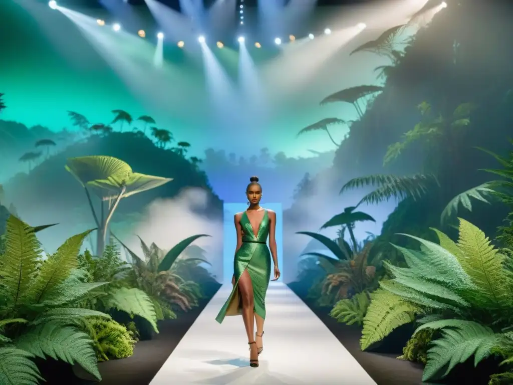 Desfile de moda prehistórica: moda avant-garde inspirada en dinosaurios Una pasarela de alta moda con inspiración en dinosaurios, modelos desfilando con atuendos vanguardistas entre helechos prehistóricos