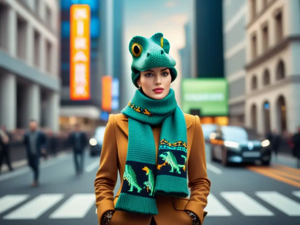 Moda urbana: Bufanda y guantes con diseño de dinosaurios en 8K Una persona con bufandas y guantes de dinosaurio desfila con estilo en la ciudad