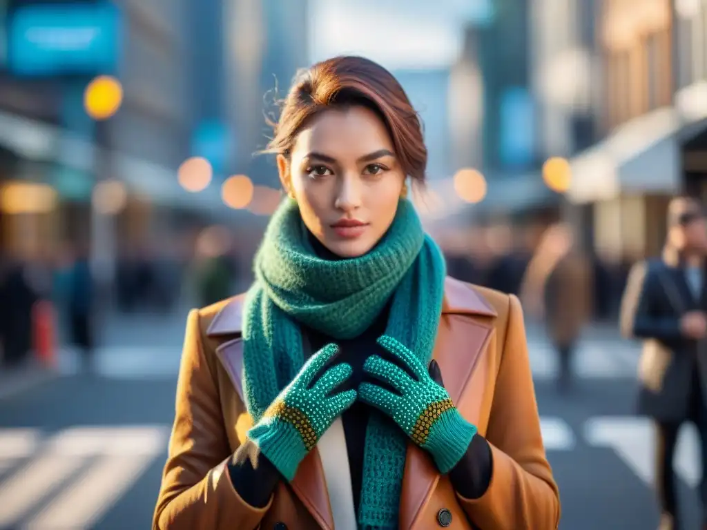 Diseño urbano: Guantes y bufanda dinosaurio en acción Un personaje a la moda camina por la ciudad con bufandas y guantes de dinosaurio, destacando su estilo único y vanguardista