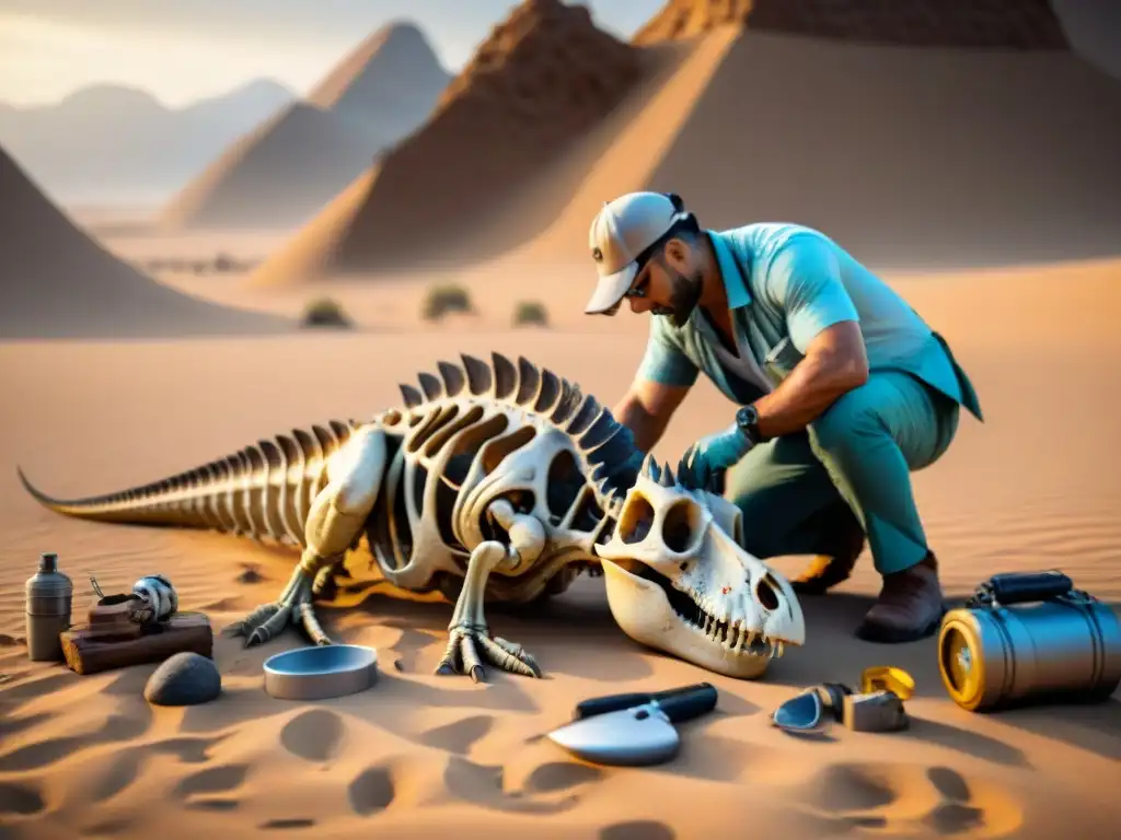 Descubrimiento de fósil de dinosaurio en desierto: precisión paleontológica Profesor de paleontología desenterrando fósil de dinosaurio en desierto