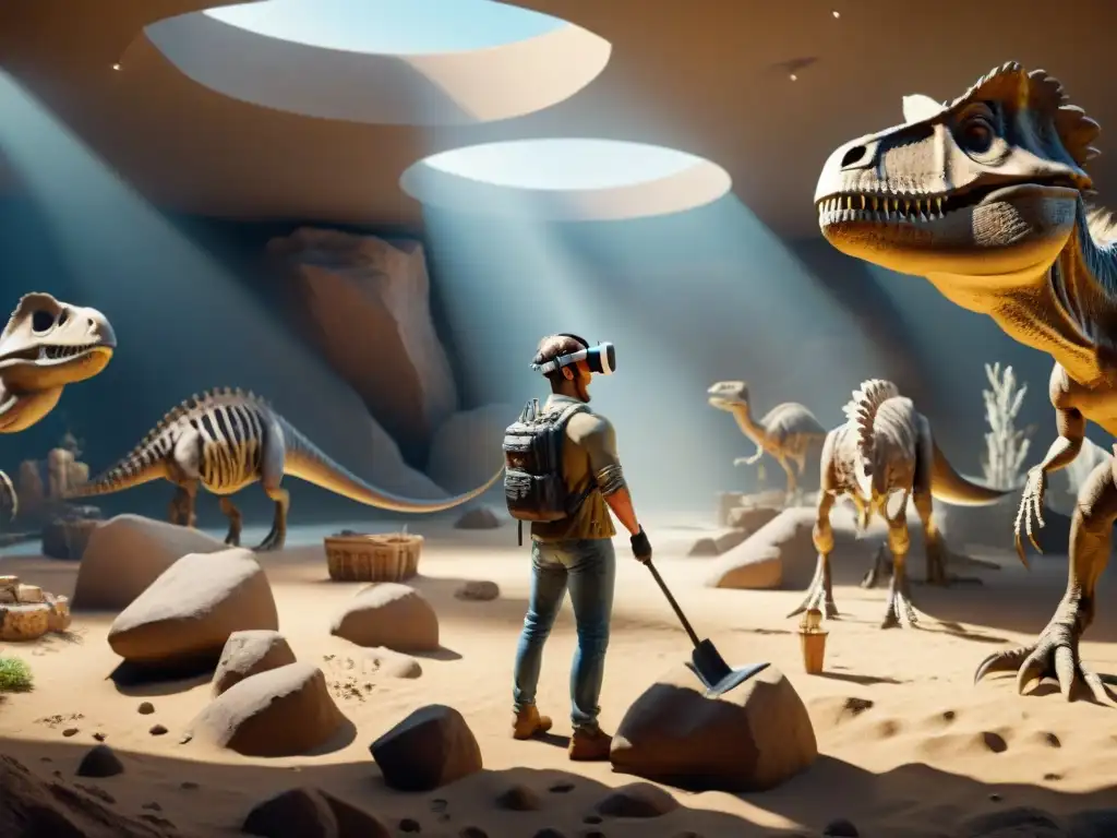 Excavación virtual: paleontólogo en VR desentierra fósiles de dinosaurios Explora proyectos virtuales de paleontología dinos con un paleontólogo virtual inmerso en una excavación digital