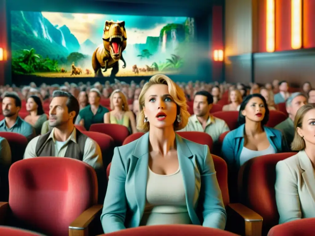 Revolución de percepción: público diverso maravillado viendo 'Jurassic Park' en 1993, con TRex inmenso en pantalla y ambiente inmersivo de cine