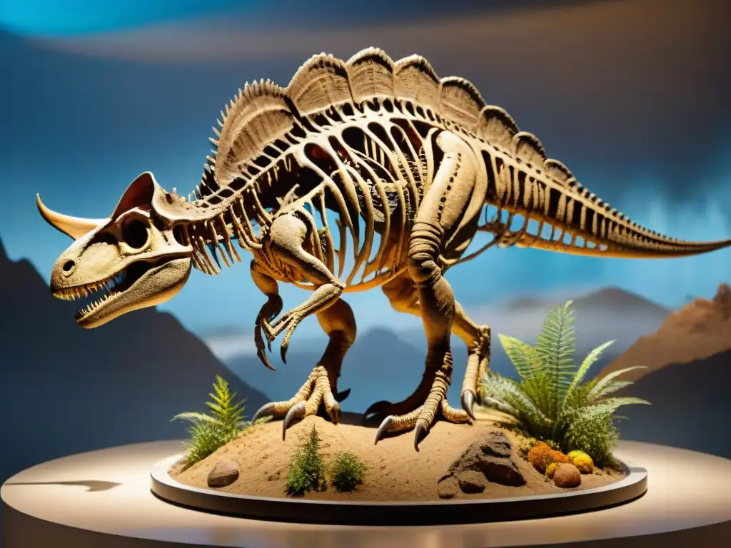 Fósil de dinosaurio raro: detalle ultrapreciso Fósil de rara especie de dinosaurio, detallado y preservado, en venta para colección, destacando sus características únicas en un ambiente de museo