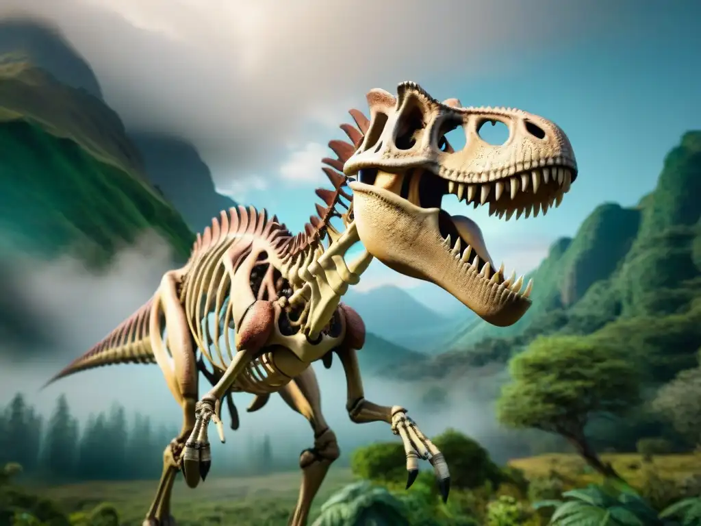 Realidad aumentada para explorar dinosaurios: Esqueleto de T-Rex cobra vida en paisaje prehistórico, mostrando detalles impresionantes