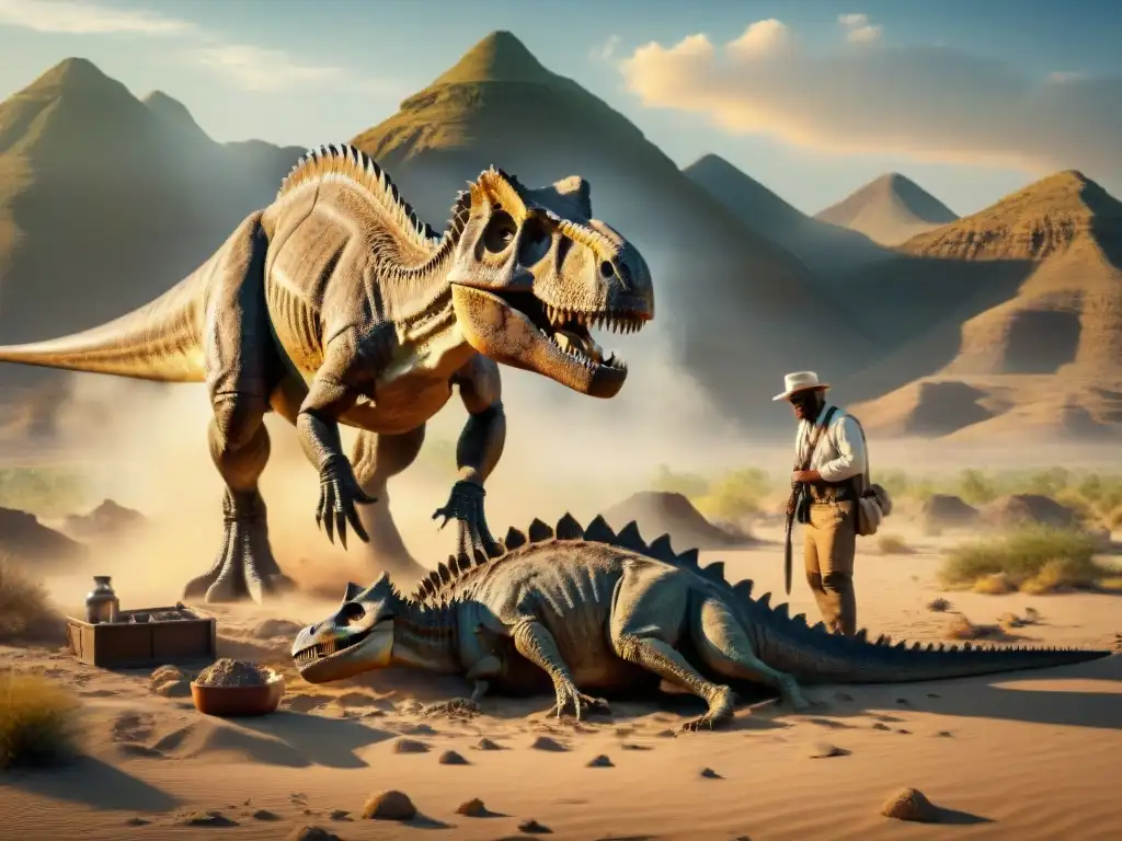 Realidad aumentada para explorar dinosaurios: Paleontólogos desenterrando fósiles en un yermo abrasador