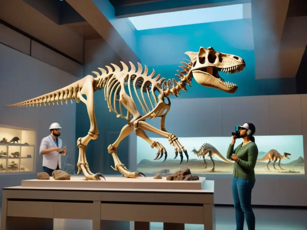Reconstrucción virtual de esqueleto de dinosaurio: paleontólogos en acción Paleontólogos usan realidad aumentada para reconstruir esqueleto de dinosaurio en laboratorio polvoriento