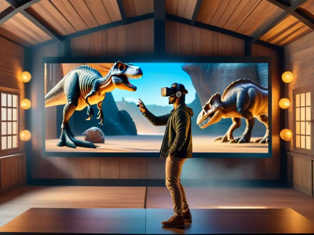 Realidad virtual iluminando fósiles antiguos Realidad virtual iluminando fósiles de dinosaurios en mesa rústica, creando contraste entre tecnología y antigüedad