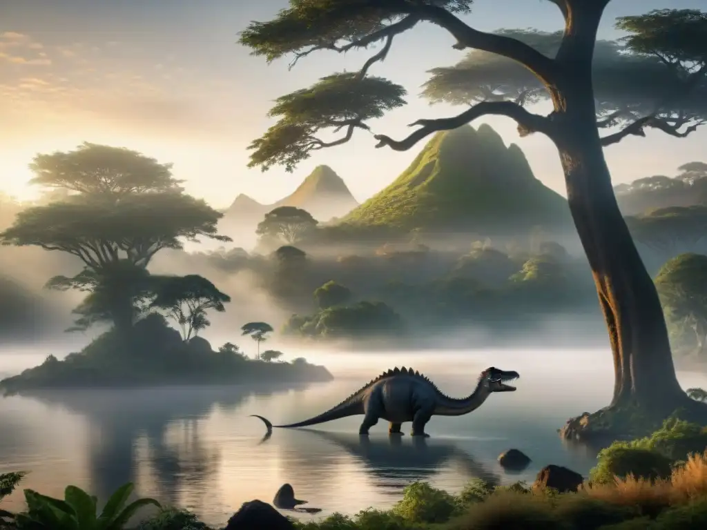 Escena prehistórica: dinosaurio al amanecer en lago neblinoso Representación realista de dinosaurios con luz natural en un paisaje prehistórico al amanecer