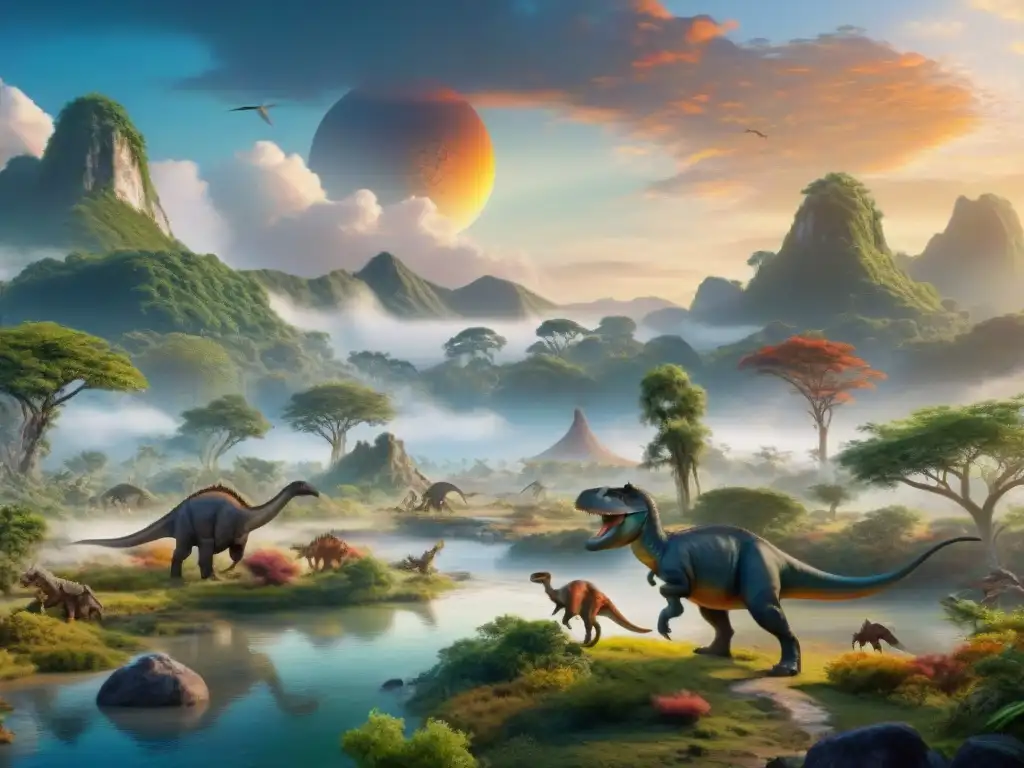 Escena prehistórica: biodiversidad y dinosaurios en un paisaje exuberante Una reconstrucción detallada de un hábitat prehistórico lleno de dinosaurios en armonía, bajo un cielo brillante al atardecer