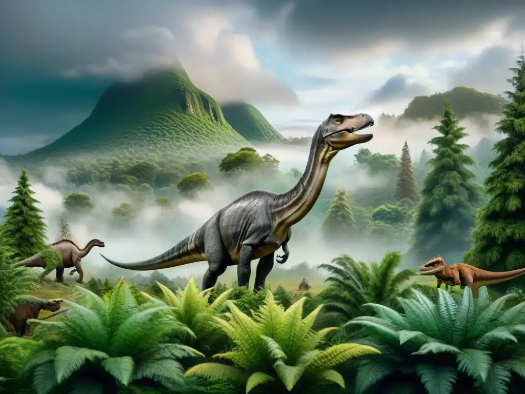 Reconstrucción detallada de paisaje prehistórico con dinosaurios variados Una reconstrucción detallada de un paisaje prehistórico con dinosaurios, bajo un cielo dramático