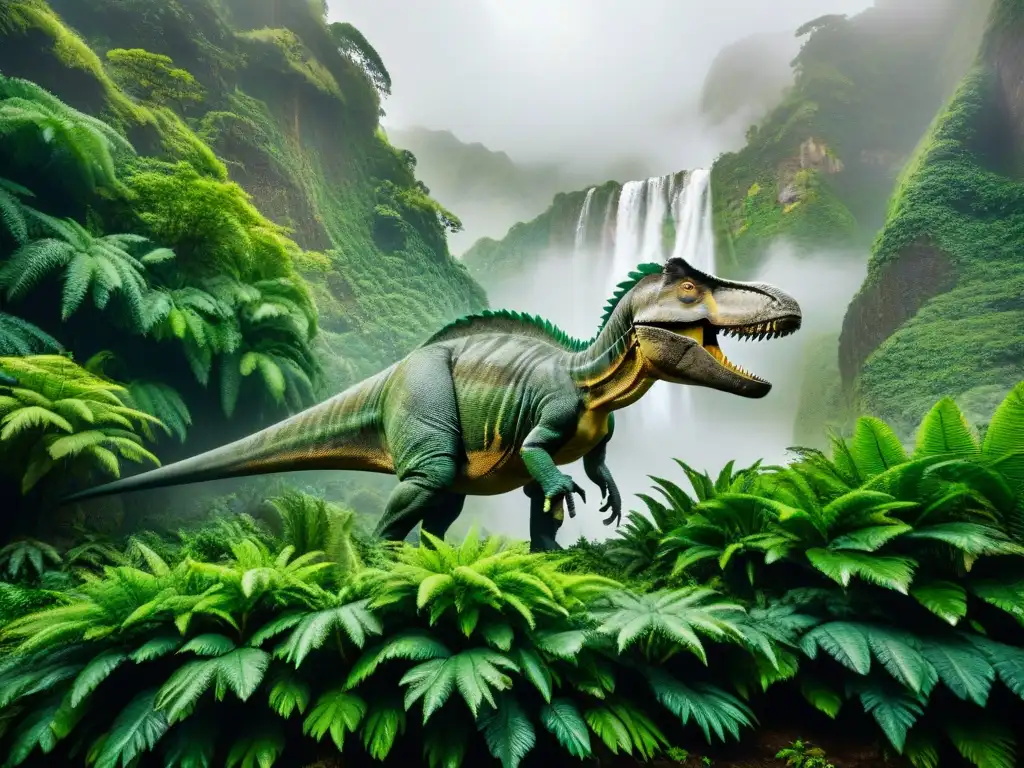 Jardín prehistórico: dinosaurios en simbiosis Relación simbiótica entre dinosaurios y plantas en un paisaje prehistórico exuberante y vibrante