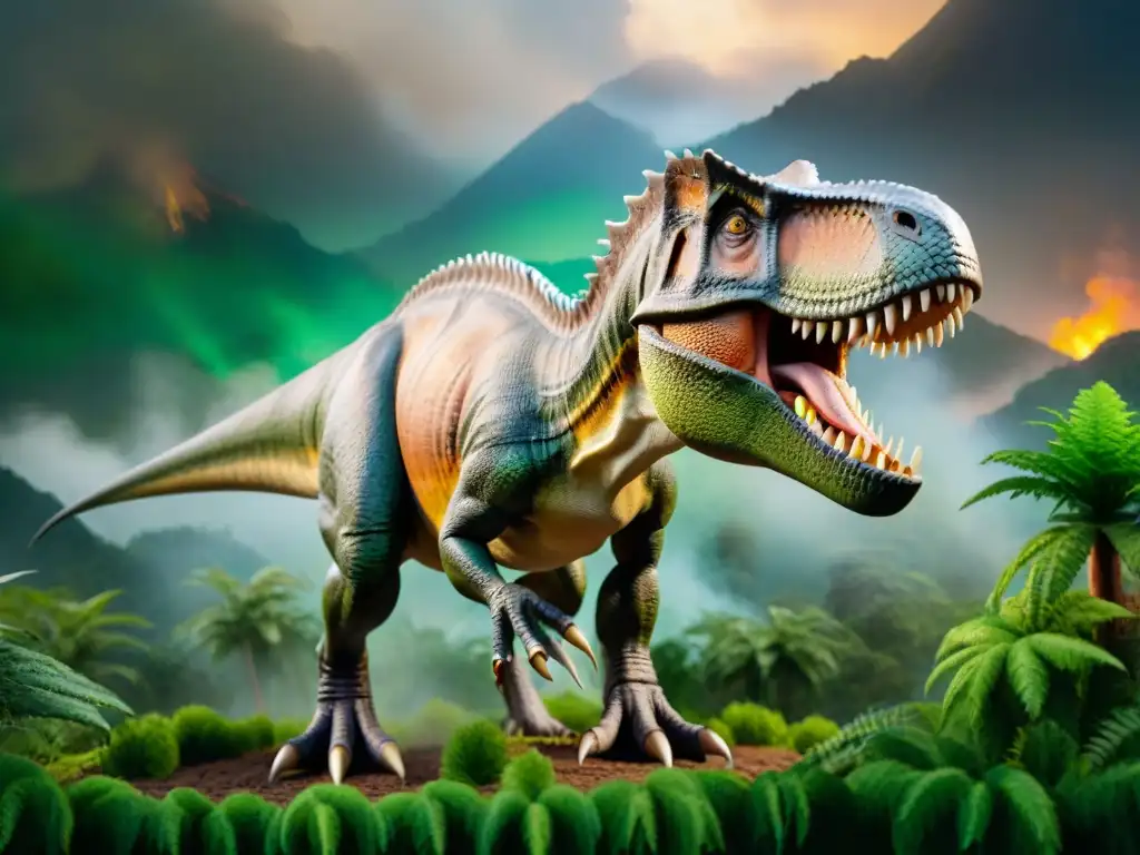 Réplicas de dinosaurios para coleccionar: Majestuoso T-Rex en paisaje prehistórico detallado con volcanes humeantes y vegetación exuberante