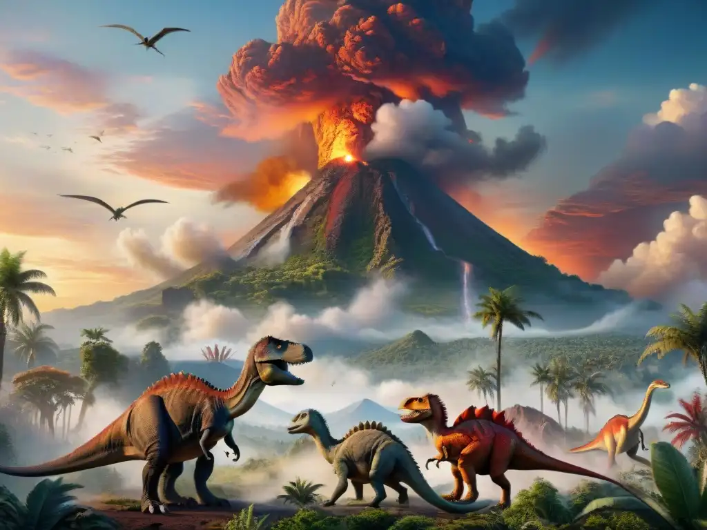 Dinosaurios en paisaje prehistórico detallado Una representación detallada de un paisaje prehistórico lleno de dinosaurios de diferentes especies entre exuberante vegetación, un volcán emitiendo humo y un cielo vibrante al atardecer