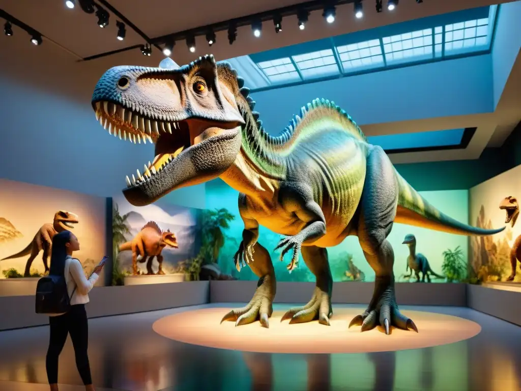 Descubre la emoción: Sala de dinosaurios en 8k Una representación de dinosaurios en cultura: Sala de museo vibrante y concurrida, lleno de réplicas detalladas y visitantes maravillados