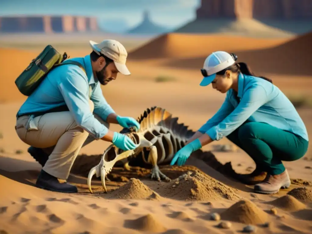Excavación paleontológica: descubriendo un dinosaurio en el desierto Investigación responsable de fósiles: paleontólogos excavando un esqueleto de dinosaurio en un remoto desierto