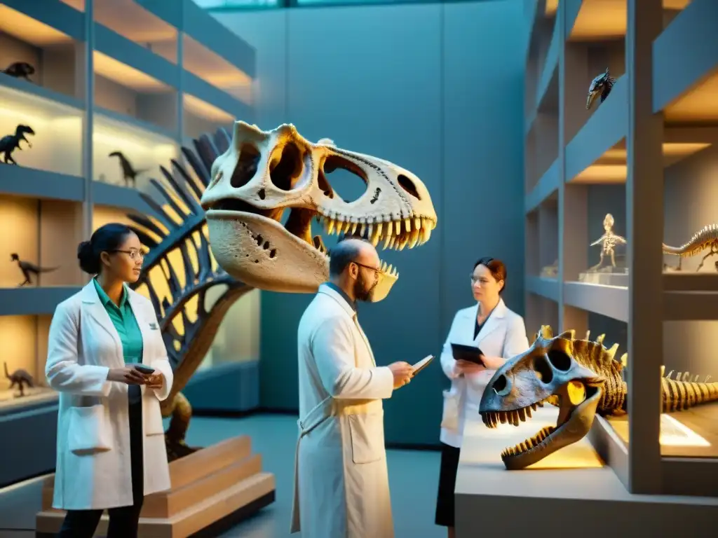 Excavación de fósiles de dinosaurios: estudio minucioso en laboratorio Paleontólogos analizan restos fósiles en laboratorio, creando atmósfera de descubrimiento