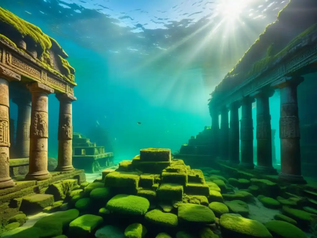 Ruinas sumergidas de una antigua civilización, con estructuras de piedra cubiertas de musgo y peces coloridos