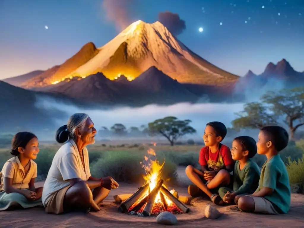 Narración ancestral: historias de dinosaurios alrededor de la hoguera Un sabio indígena relata historias de dinosaurios a niños alrededor de una fogata, representación cultural dinosaurios tradición