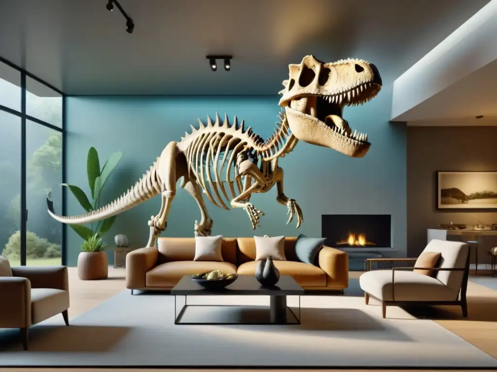 Una sala de estar moderna con una réplica detallada de esqueleto de dinosaurio como pieza central