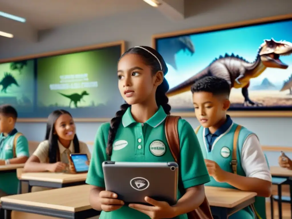 Exploración digital: niños interactúan con dinosaurios en aula educativa Un salón de clases inmerso en la cultura pop de dinosaurios, niños emocionados jugando en tablets con forma de fósiles