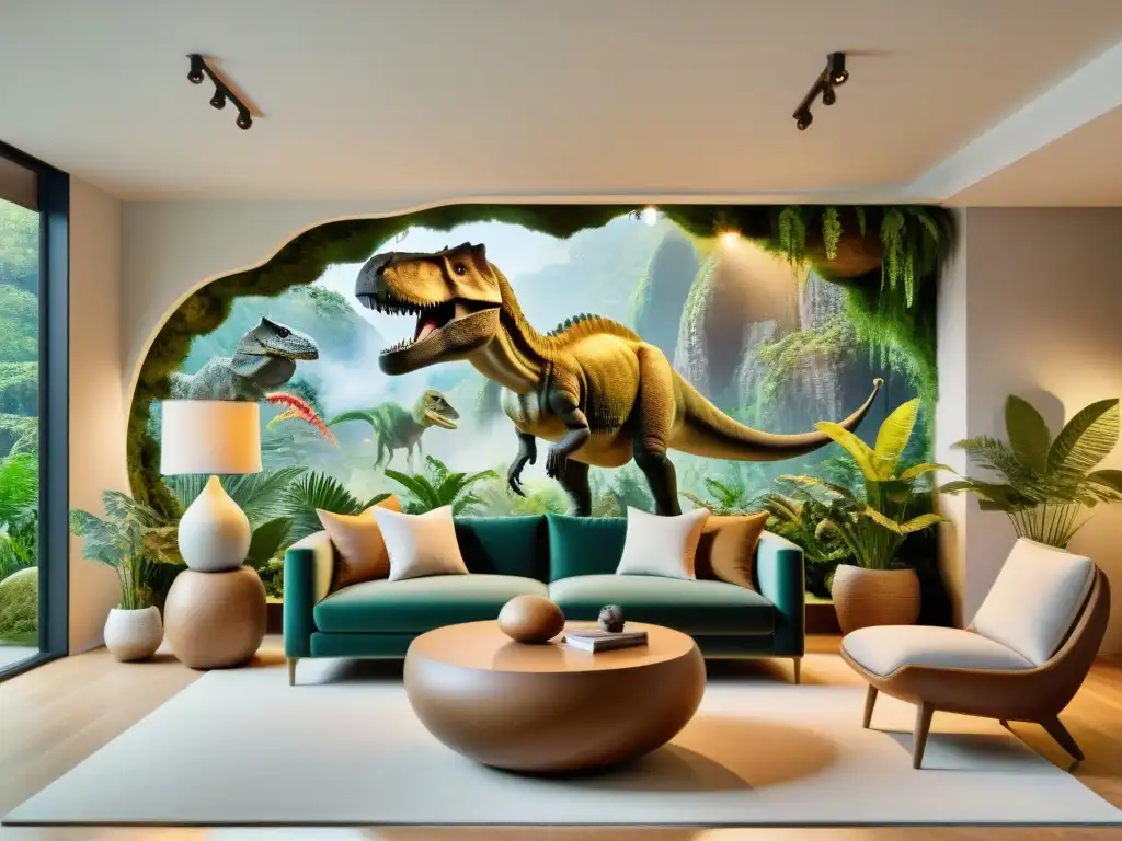 Un salón meticulosamente diseñado con temática jurásica en interiores modernos