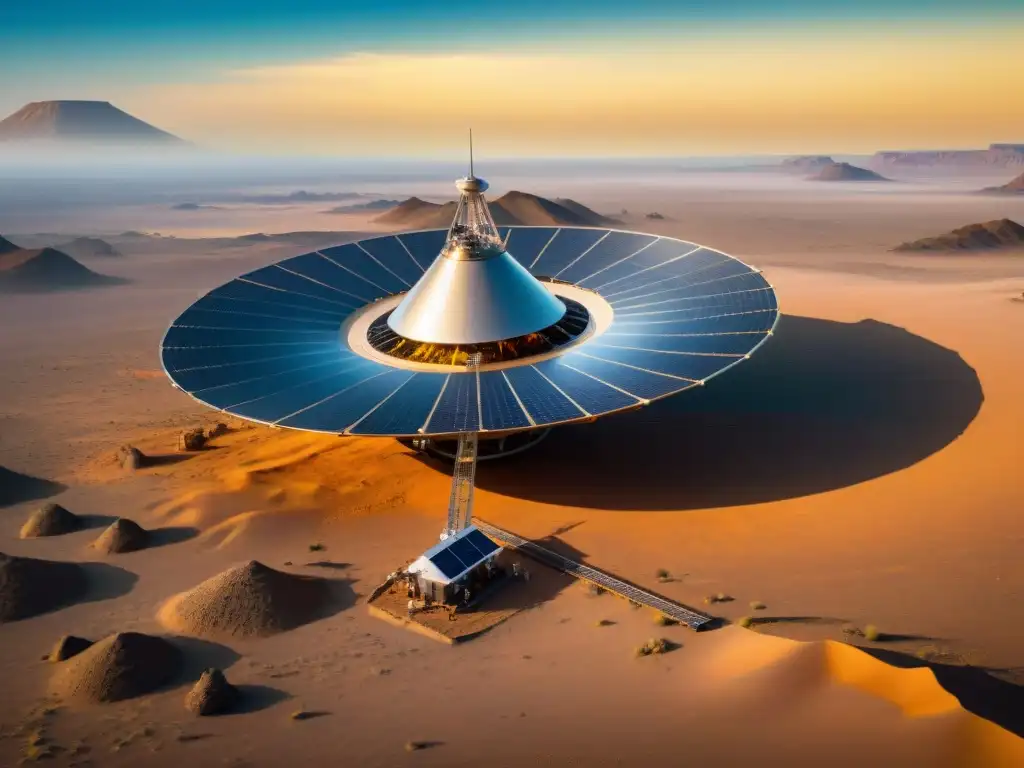 Exploración paleontológica: ciencia moderna y historia antigua Un satélite transmite señales a paleontólogos usando tecnología avanzada en desierto