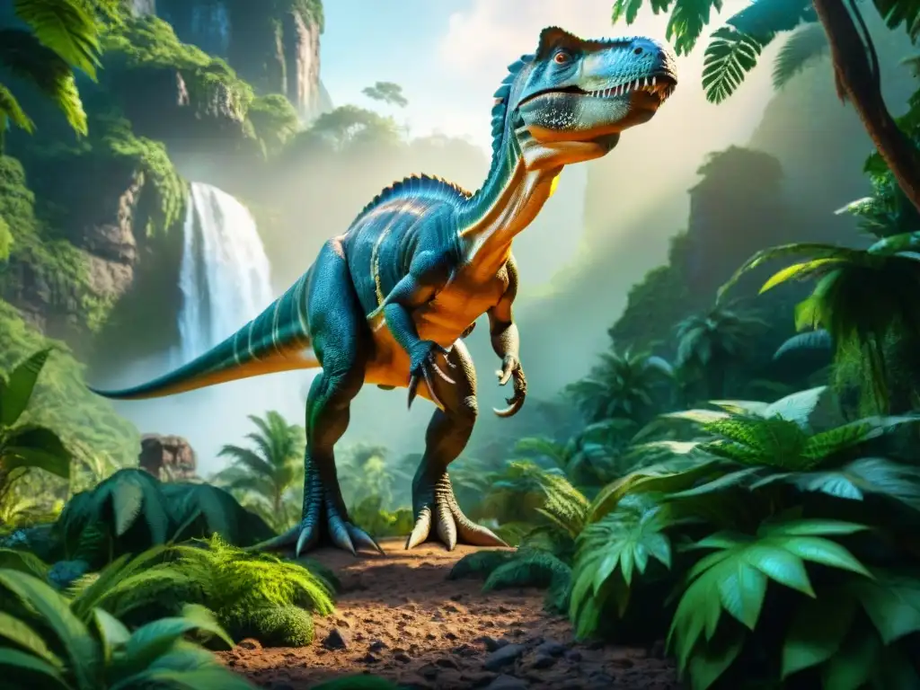 Descubre los secretos del continente perdido de Lemuria en esta imagen de una selva prehistórica llena de dinosaurios, cascadas y árboles antiguos