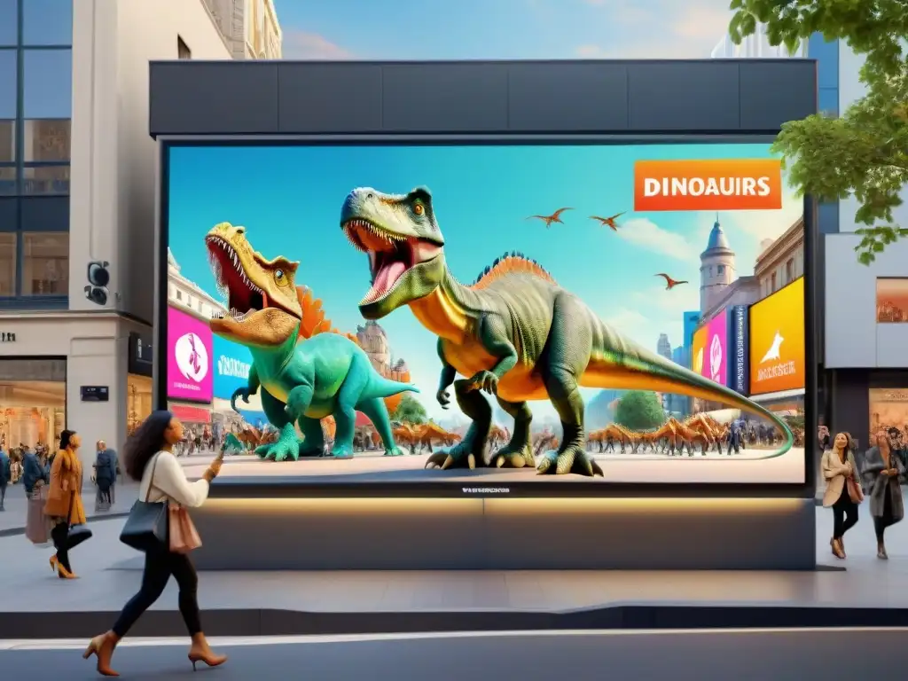 Dinosaurios modernos cautivan a multitud diversa en plaza urbana Un sorprendente anuncio digital muestra dinosaurios realistas en la ciudad