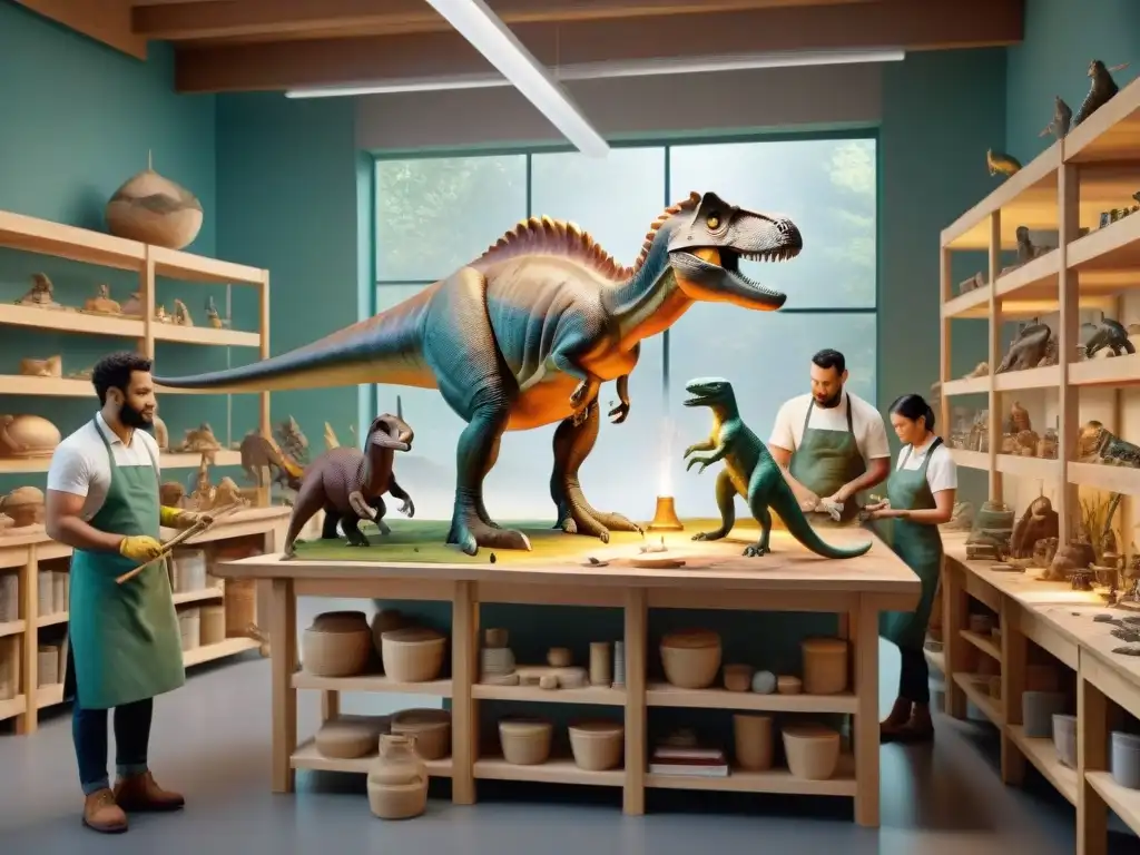 Arte paleontológico: escultores crean dinosaurio en detalle Técnicas de paleoarte en dinosaurios: Paleontólogos esculpen y pintan un modelo de dinosaurio en un taller soleado y detallado