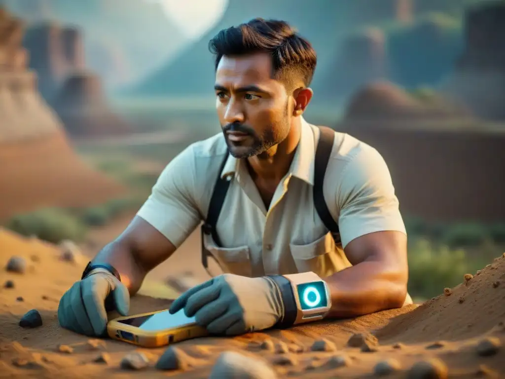 Explorador paleontólogo escaneando fósiles con tecnología avanzada Paleontólogo usando tecnología wearable en excavación fósil, documentando descubrimientos con precisión y enfoque intenso
