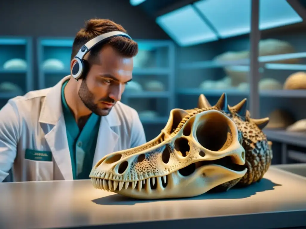 Exploración paleontológica: Tecnología avanzada y descubrimiento ancestral Paleontólogo usando tecnología wearable en laboratorio de alta tecnología, examinando hueso de dinosaurio fosilizado bajo visor de aumento