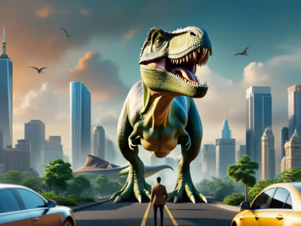 Tyrannosaurus rex dominando la ciudad: contraste entre pasado y presente Un Tiranosaurio rex realista y poderoso destaca sobre la ciudad moderna, mostrando la fascinación de los dinosaurios en publicidad: iconos culturales