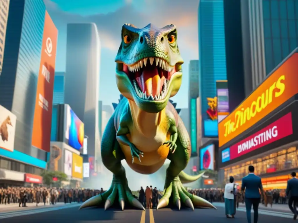 Un T-Rex animatrónico gigante con logos de marcas, en una bulliciosa calle de la ciudad